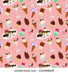 Seamless pattern with ice cream, fruits, strawberries. Wrapping paper, fabric, wallpaper, background design.