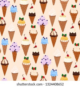 Seamless pattern with ice cream, fruits, strawberries. Wrapping paper, fabric, wallpaper, background design.