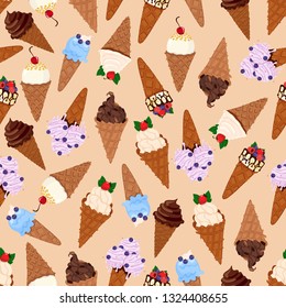Seamless pattern with ice cream, fruits, strawberries. Wrapping paper, fabric, wallpaper, background design.