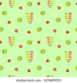 Seamless pattern of ice cream and fruits. Vector background with fruit flavored ice cream bars, strawberries and kiwi slices.