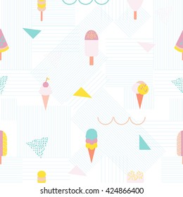 Seamless pattern with ice cream and geometric elements. Hand drawn vintage texture, dots, triangles, lines. Modern abstract design poster.