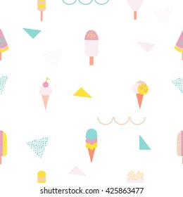 Seamless pattern with ice cream and geometric elements. Hand drawn vintage texture, dots, triangles, lines. Modern abstract design poster.