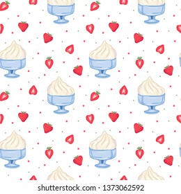 Seamless pattern ice cream in glass vase and strawberry