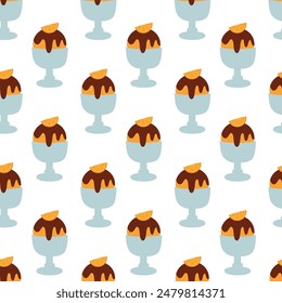 Seamless pattern. Ice cream in glass cup with chocolate and orange. Summer time sweet food background. Vector flat illustration.