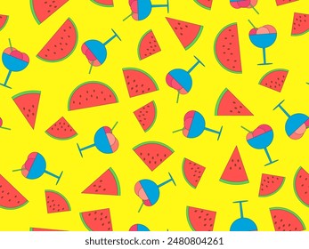 Seamless pattern with ice cream in a glass and watermelon slices. Ice cream balls in a glass with watermelon flavor. Design wallpapers, wrappers, covers, banners and posters. Vector illustration