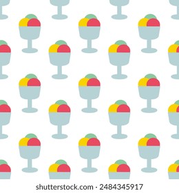 Seamless pattern. Ice cream in glass cup. Three colorful scoops. Summer time sweet food background. Vector flat illustration.