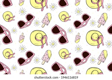 Patrón inmaculado con helado, gafas, sombrero de playa. Ilustración vectorial dibujada a mano. Verano, conceptos de playa de antecedentes