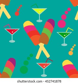 Seamless pattern with ice cream and glasses of juice on the bright background.