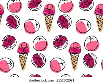 Seamless pattern with Ice Cream and grapefruit. Ice Cream repeated Vector illustration. Pink red Food template for cafe, restaurant menu, textile, wallpaper, scrapbooking, wrapping paper.
