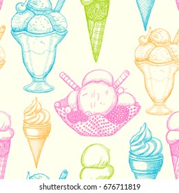 Seamless pattern with ice cream. Hand drawn seamless background, ideal for wrapping paper