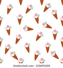 seamless pattern with ice cream. The ice cream has a brown waffle cone and four balls of colored ice cream