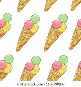 Seamless pattern of ice cream in a horn. Ice cream balls are green, pink and yellow. Cold dessert on a white background. Hand drawing in cartoon style. Vector illustration.