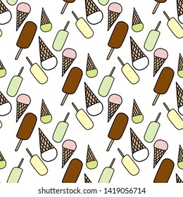Seamless pattern with ice cream. Ice cream, horn, popsicle