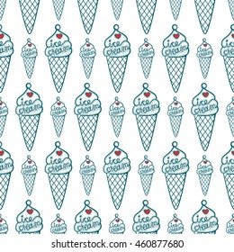 Seamless pattern with ice cream. Ideal for printing onto fabric, desert menu and paper or scrap booking. Repeat background. Sketch style. Ice cream with heart and lettering.