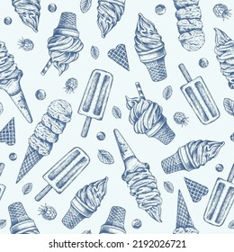 Seamless pattern with ice cream illustration in vintage engraved style. Vector hand drawn ice cream. Background with dessert, sweets, menu design, restaurant, shop for textiles, interior, wallpaper