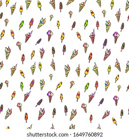 Seamless pattern with ice cream. Juicy and delicious summer dessert. Sweets for children. Vector in Doodle style. For design, wrapping paper,  holiday packaging
