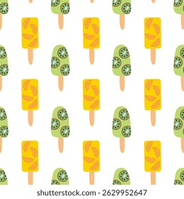 Seamless pattern. Ice cream with kiwi and orange slice on stick. Summer time sweet food background. Vector flat illustration.
