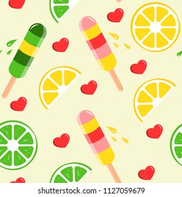 Seamless pattern with ice cream, lemon and lime slices, hearts. Vector background for cafe, restaurant menu cover, wrapping paper, banner design, print on clothes. Creative summer wallpaper.