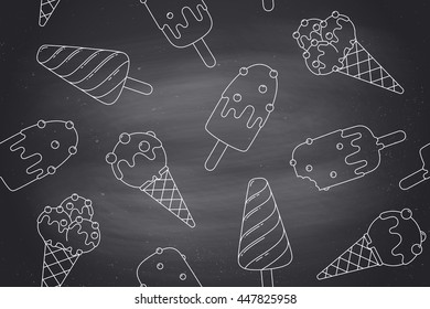 Seamless pattern with ice cream in line graphic. Concept graphic design ice cream and popsicle for ice cream shop, cafe and dessert menu on chalk board background. Vector illustration