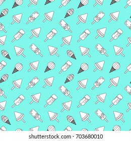 Seamless pattern with ice cream. Line food icons in black and white at mint blue repeatable background. Vector illustration.