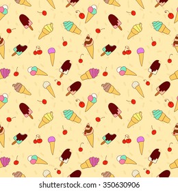 Seamless pattern of ice cream, ice lollies, waffle cones and cherry