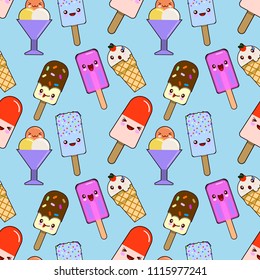 Seamless pattern ice cream, ice lolly Kawaii with pink cheeks and winking eyes, pastel colors isolated on blue background. vector illustration