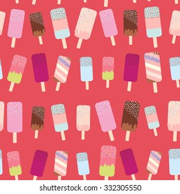 seamless pattern ice cream, ice lolly, pastel colors on bright red background. Vector