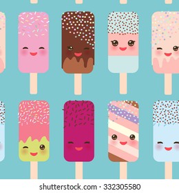 seamless pattern ice cream, ice lolly  Kawaii with pink cheeks and winking eyes, pastel colors on light blue background. Vector