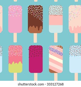 seamless pattern ice cream, ice lolly, pastel colors on light blue background. Vector