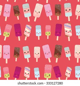 seamless pattern ice cream, ice lolly  Kawaii with pink cheeks and winking eyes, pastel colors on bright red background. Vector