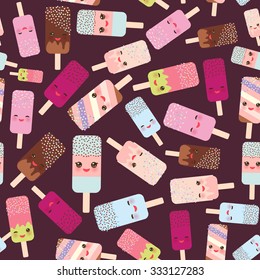 seamless pattern ice cream, ice lolly  Kawaii with pink cheeks and winking eyes, pastel colors on dark brown background. Vector