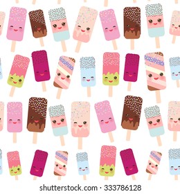 seamless pattern ice cream, ice lolly with pink cheeks and winking eyes, pastel colors on white background. Vector