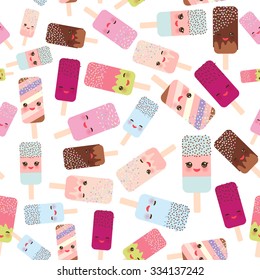 seamless pattern ice cream, ice lolly  Kawaii with pink cheeks and winking eyes, pastel colors on white background. Vector