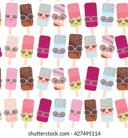 seamless pattern ice cream, ice lolly  Kawaii with pink cheeks and winking eyes, sunglasses, pastel colors isolated on white background. Vector