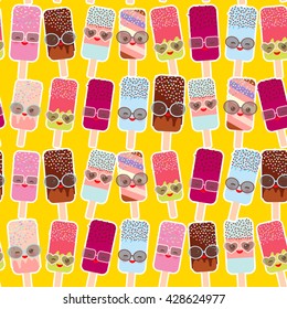 seamless pattern ice cream, ice lolly  Kawaii with pink cheeks and winking eyes, sunglasses, pastel colors on yellow orange background. Vector