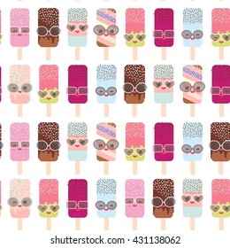 seamless pattern ice cream, ice lolly Kawaii with pink cheeks and winking eyes, sunglasses, pastel colors isolated on white background. Vector