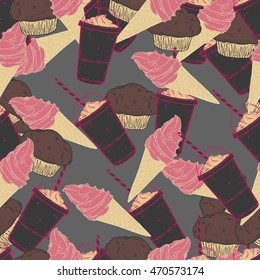 Seamless pattern with ice cream and milkshake