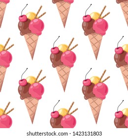 
Seamless pattern with ice cream. Multi-colored balls of ice cream in a waffle cone with cherries and chocolate sticks. Summer and bright dessert. Vector illustration.