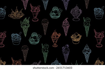 Seamless pattern ice cream in neon color isolated on black background. Hand drawn ice cream vector illustration.