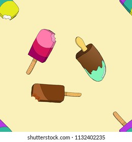 Seamless pattern of ice cream on a stick. Vector illustration of a seamless pattern of chocolate, fruit ice cream. Hand drawn ice cream on a stick.