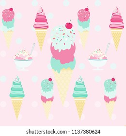 Seamless pattern with ice cream on pink tone.