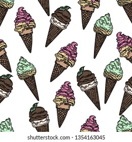 Seamless pattern of ice cream on white background.