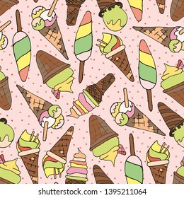 Seamless pattern with ice cream on hand draw pink backgraund. Scandinavian style,cartoon cute ice creams and elements for fabric design, wrapping paper, notebooks covers.