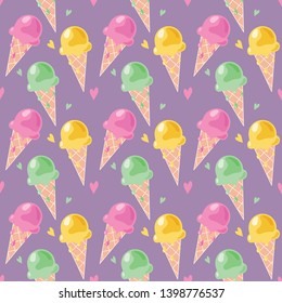 Seamless pattern with ice cream on a purple background. Ice cream in a waffle cone. Vector illustration.