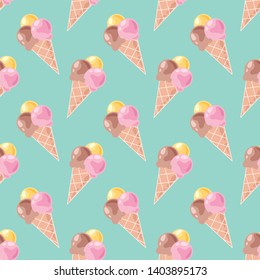 Seamless pattern with ice cream on mint background. Multicolored and delicious balls of ice cream in a waffle cone. Vector illustration.