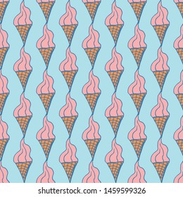 Seamless pattern with ice cream on blue background. Wallpaper with sweet cold dessert. 