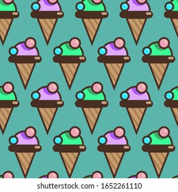 seamless pattern of ice cream on a green background in flat style