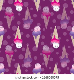 Seamless pattern with ice cream on purple dots background