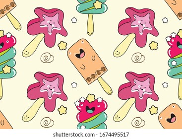 Nahtloses Muster mit Eis auf einem Stock. Flacher Cartoon-Stil. Vektorillustration. Grafik für Stoff.