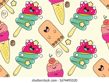 Seamless pattern with ice cream on a stick. Flat cartoon style. Vector illustration. Graphic for fabric.